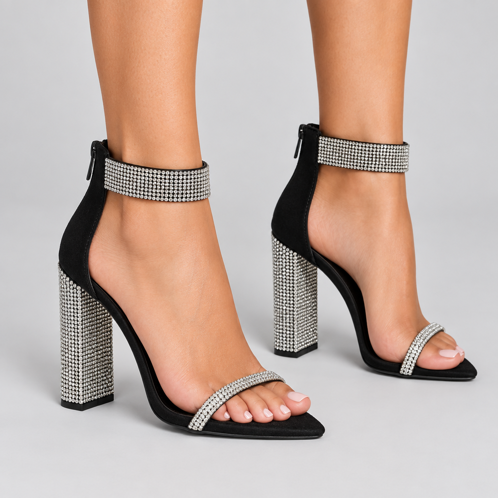 Black rhinestone heels on a model