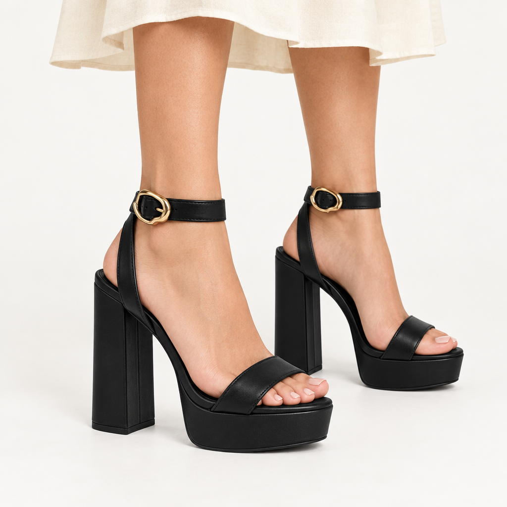 Model wearing black platform sandals